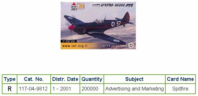 History of Israel - Telecards / Phone Cards - 2001 - Air Force Museum - Spitfire Airplane