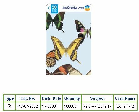 History of Israel - Telecards / Phone Cards - 2003 - Nature - Butterfly 2