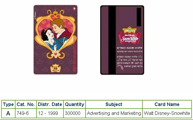 History of Israel - Telecards / Phone Cards - 1999 - Walt Disney - Snow White